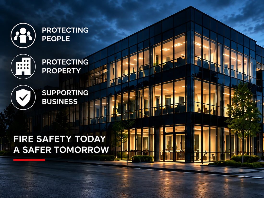 Illuminated commercial building at dusk: protecting people, protecting property, supporting business